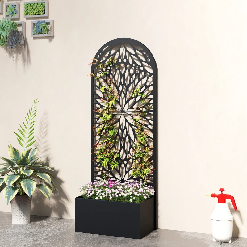 Outsunny Metal Raised Garden Bed with Trellis for Climbing Plants, Freestanding or Wall Mounted Flower Bed with Privacy Panel