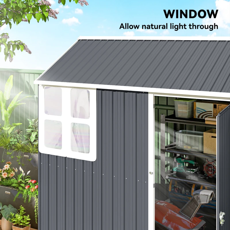 Outsunny 7' x 5.5' Metal Garden Storage Shed, Outdoor Tool Storage House with Lockable Door, Vents, Sloped Roof, Dark Grey