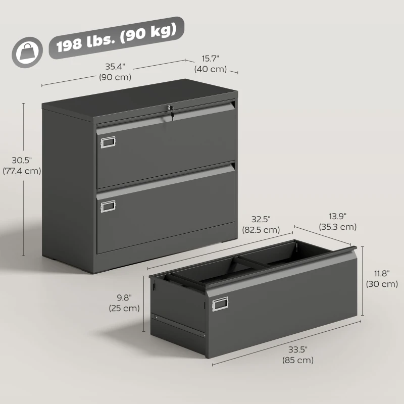 HOMCOM Lateral Filing Cabinet with 2 Drawers, Lockable Steel File Cabinet for A4/Letter/Legal Size Files, Black