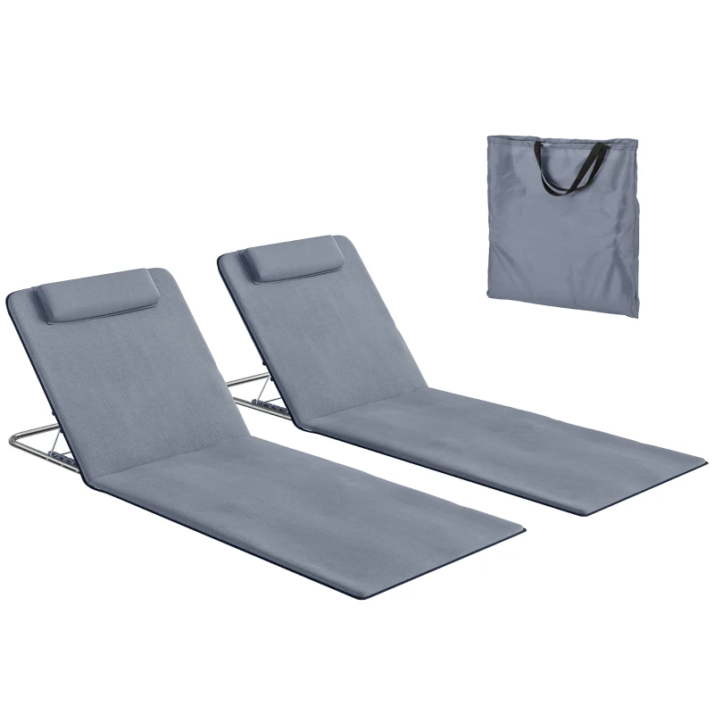 Outsunny 2 Pieces Beach Lounge Chair, Outdoor Folding Chaise Lounge Set w/ Pillow for Sunbath, Snap, Grey