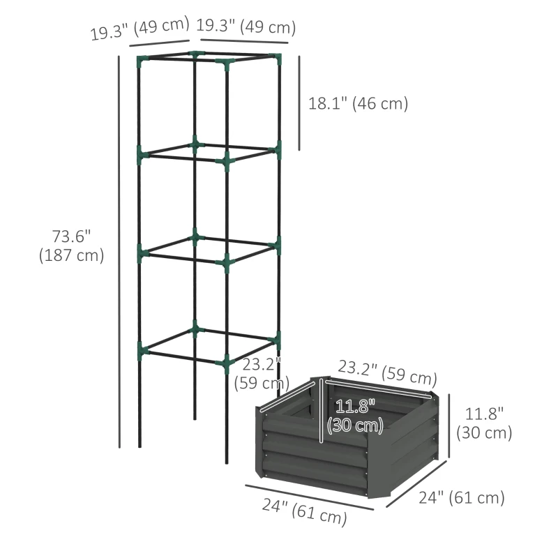 Outsunny Galvanized Planter Box, Outdoor Raised Garden Bed with 4-Tier Trellis Tomato Cage for Climbing Vines, Vegetables, Grey