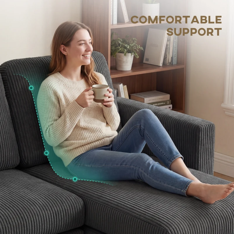 HOMCOM Sectional Sofa, Corduroy U Shaped Couch with Double Chaise and Spring Cushions, 2200lb Capacity, Dark Grey