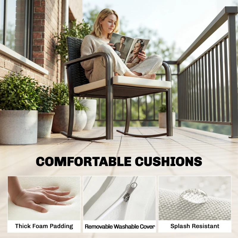 Outsunny 3 Pieces Rocking Bistro Set Outdoor Patio Furniture Set with Cushions, Glass Coffee Table for Balcony, Cream White