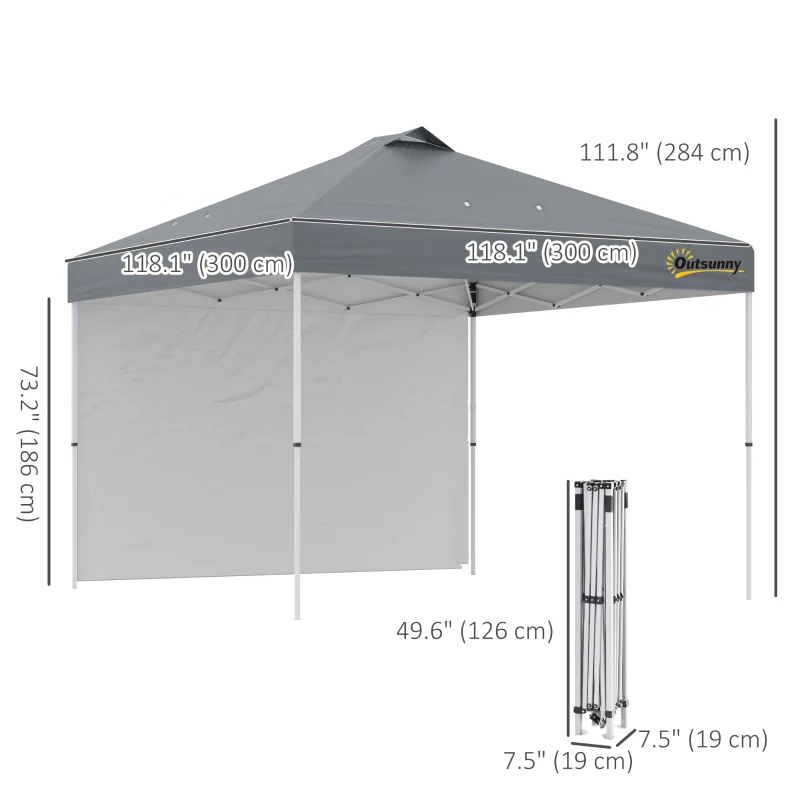 Outsunny 10' x 10' Pop Up Canopy Tent with Adjustable Height, 1 Sidewall, and Wheeled Carry Bag for Outdoor, Garden, Patio, Grey