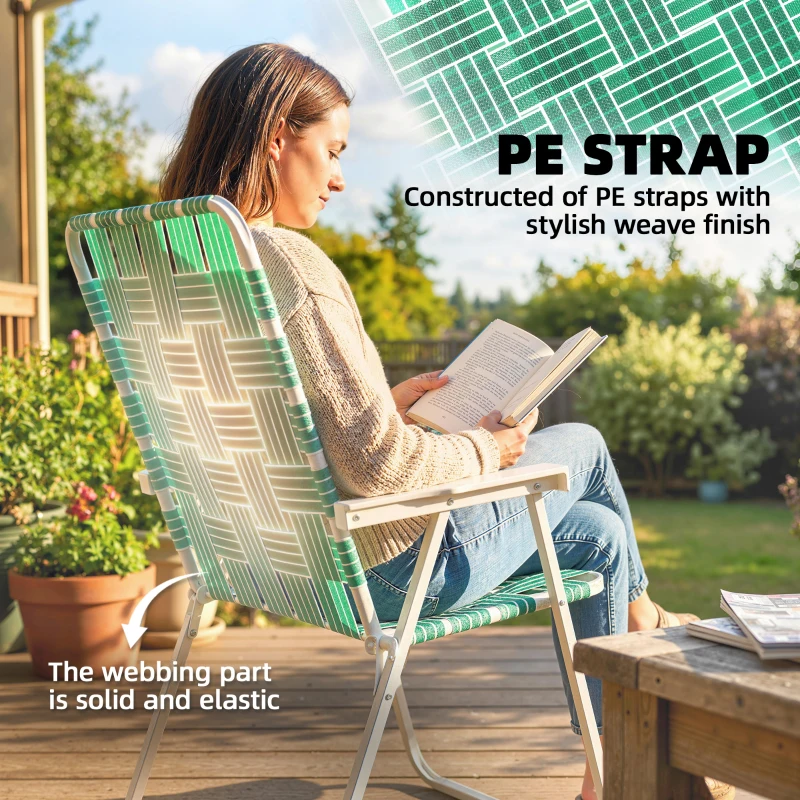 Outsunny Set of 2 Folding Patio Chairs, Portable Chair Set with Armrests for Camping, Garden, Pool, Beach, Backyard, Green