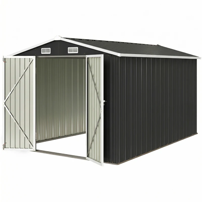Outsunny 10' x 10' Metal Shed, Heavy Duty Outdoor Storage Shed with 4 Vents and Lockable Double Doors, Dark Grey