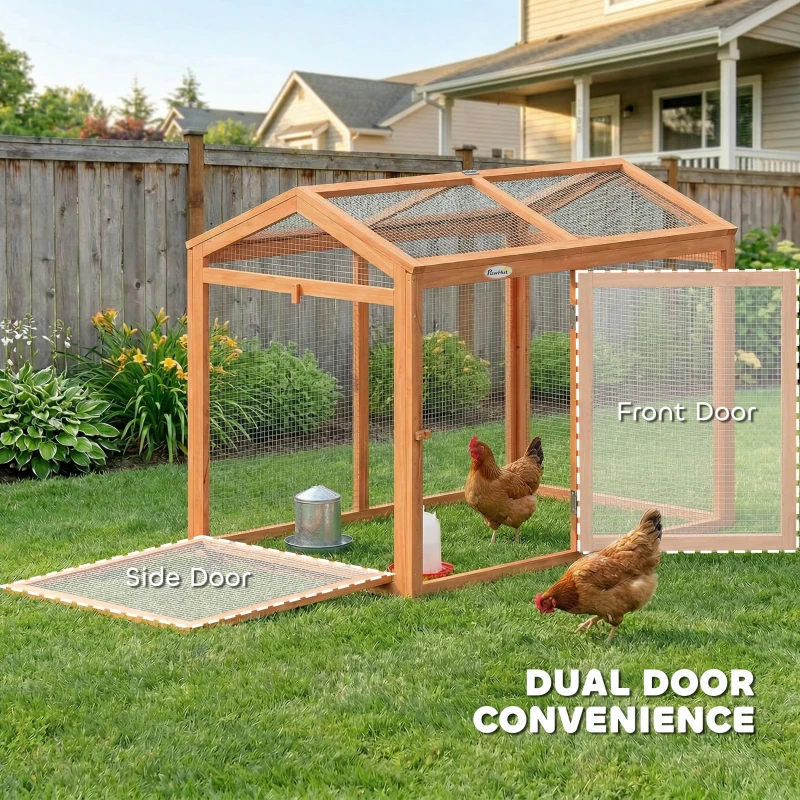 PawHut Wooden Chicken Run, Outdoor Chicken Coop with Perch and Dual Doors, Combinable Hen House Rabbit Hutch for Backyard