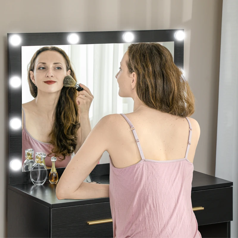 HOMCOM Makeup Vanity Desk Set with Stool, Dressing Table with LED Lighting Mirror, Drawers, for Bedroom, Black