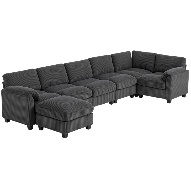 HOMCOM Modular Sectional Sofa, Oversized U-Shaped Couch with Spring Cushion, Corduroy Sofa for Living Room, Charcoal Grey
