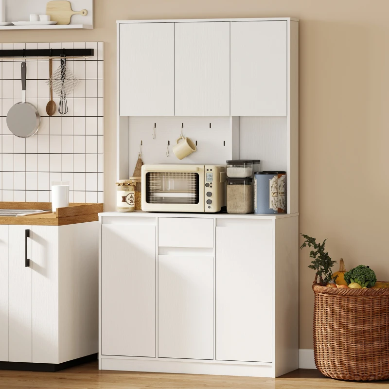 HOMCOM 71" Pantry Cabinet with Charging Station, Kitchen Storage Cabinet with Microwave Stand, Pegboard, 6 S-hooks, White