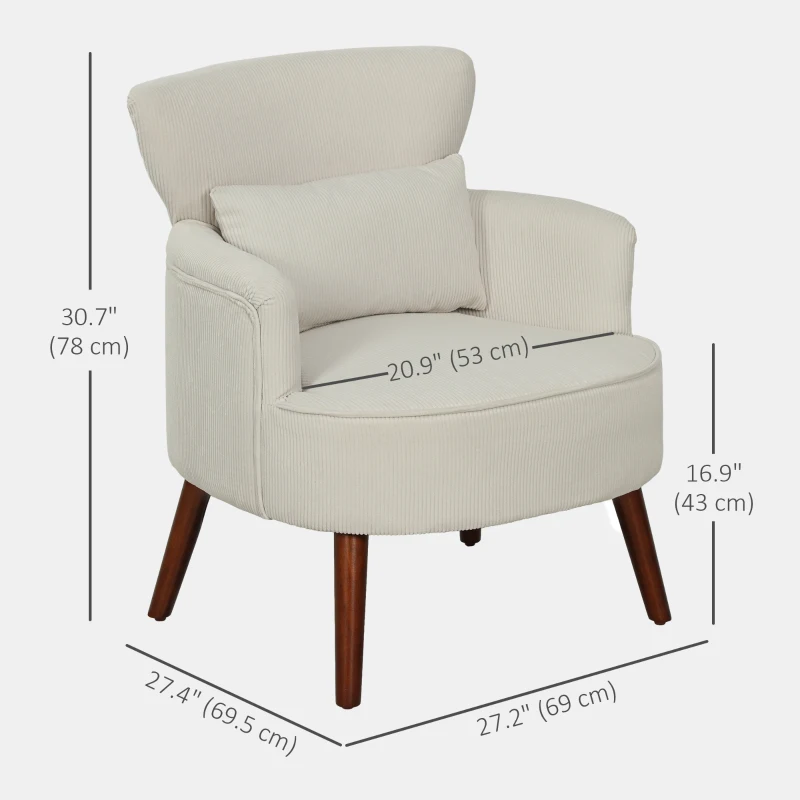 HOMCOM Modern Accent Chair, Upholstered Armchair with Solid Wood Legs and Lumbar Pillow for Living Room, Cream White