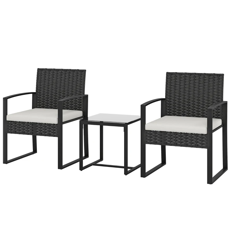 Outsunny Outdoor Bistro Set, 3 Piece Wicker Patio Furniture Set with Glass Top Table and Cushions for Porch, Balcony, Cream White