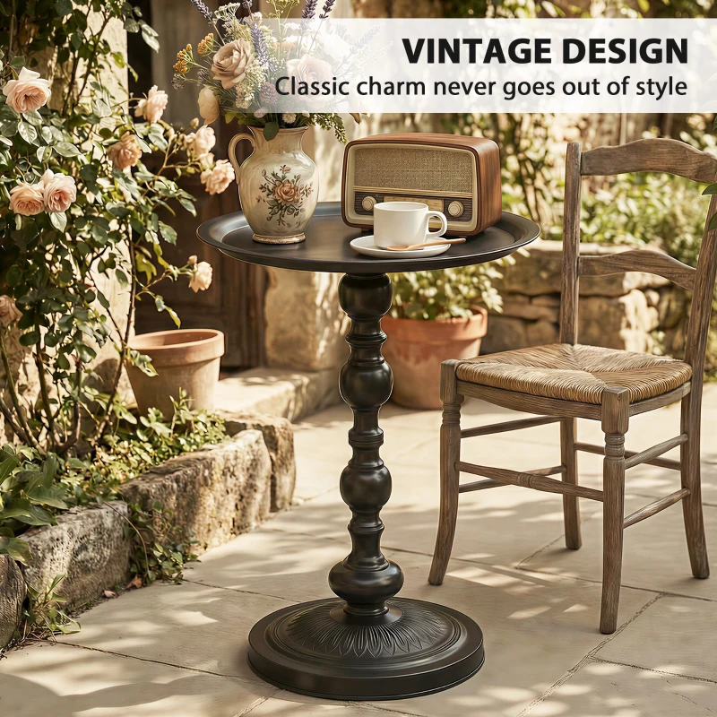 Outsunny 15.4" Round Outdoor Side Table, Tray Top Metal Patio Table with Retro Column Base for Indoor, Balcony, Garden, Black