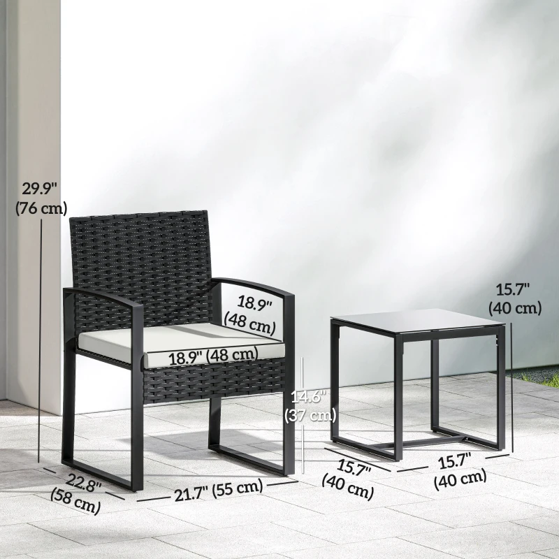Outsunny Outdoor Bistro Set, 3 Piece Wicker Patio Furniture Set with Glass Top Table and Cushions for Porch, Balcony, Cream White