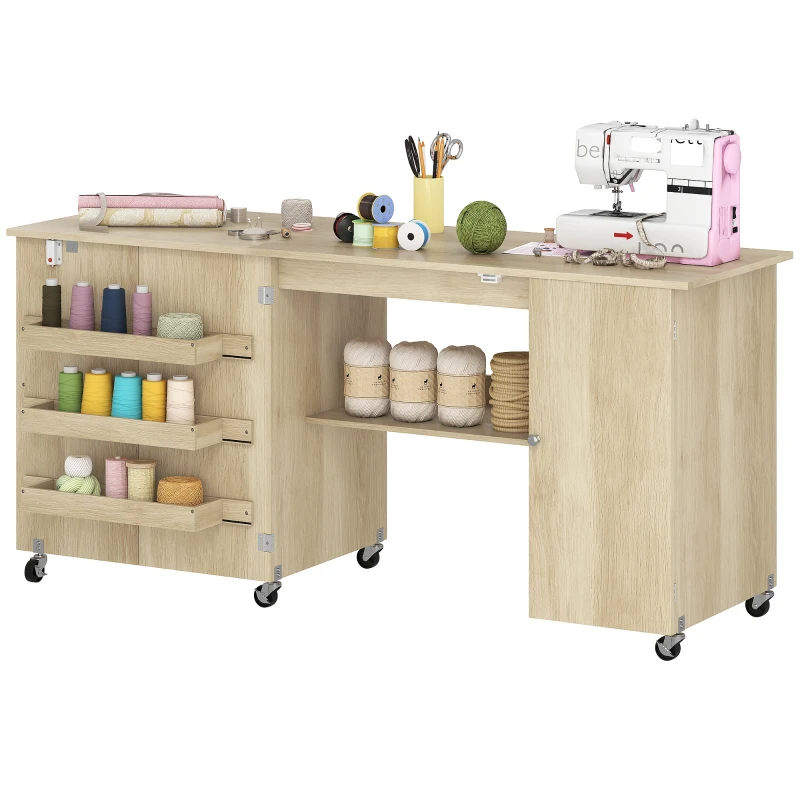 HOMCOM Sewing Machine Table with Drop Leaf, Folding Craft Table with 2 Doors and Adjustable Shelf for Small Spaces, Natural