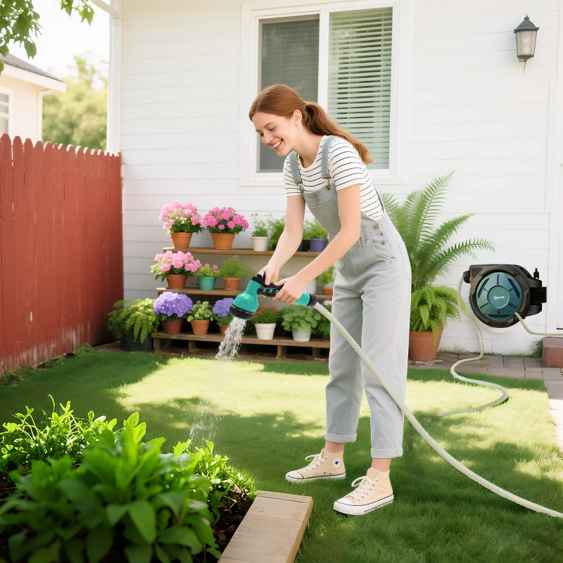 Outsunny 1/2 in x 65ft Wall Mounted Garden Hose Reel, Retractable Water Hose Reel with Auto Rewind, Any Length Lock, Blue