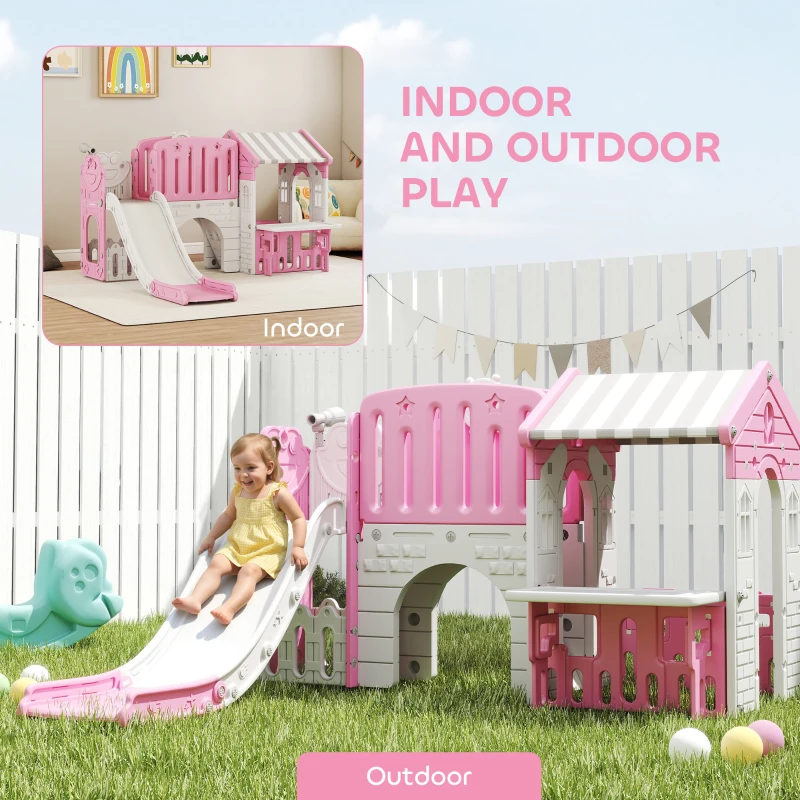 Qaba 7-in-1 Toddler Slide, Kids Slide Climber Playset with Playhouse and Basketball Hoop for 1-4 Years, Pink