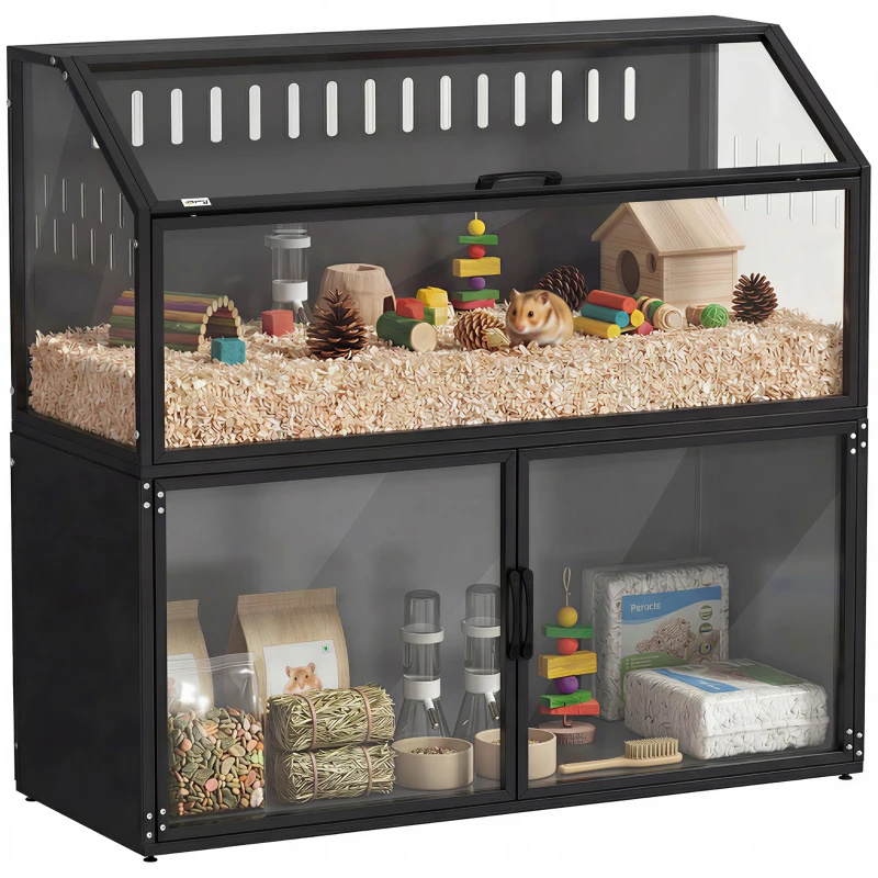 PawHut Hamster Cage with Storage Cabinet, Small Animal Cage with Easy View Acrylic Panels and Openable Top, Guinea Pig Habitat