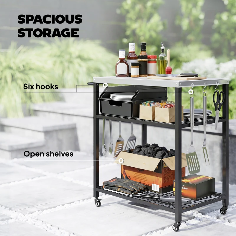 Outsunny Outdoor Grill Cart with Stainless Steel Top, Two-Shelf Pizza Oven Stand, Food Prep Table on Wheels, Black