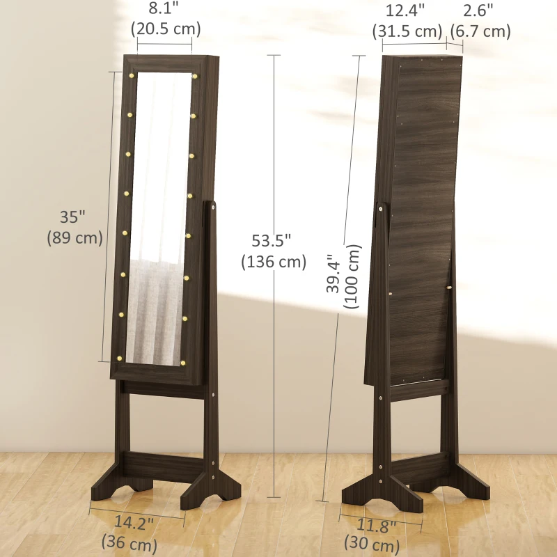 HOMCOM Free Standing Armoire Organizer, Lighted Mirrored Jewelry Cabinet w/ Angle Adjustable & 16 LED Lights, Dark Brown