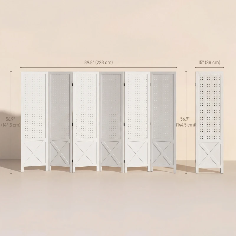 HOMCOM 56.9" 6 Panel Wooden Room Divider with Pegboard Display, Folding Privacy Screen for Home Office, White