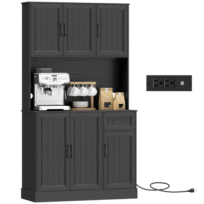 HOMCOM 71" Pantry Cabinet with Charging Station, Kitchen Storage Cabinet with Microwave Stand, Adjustable Shelves, Black