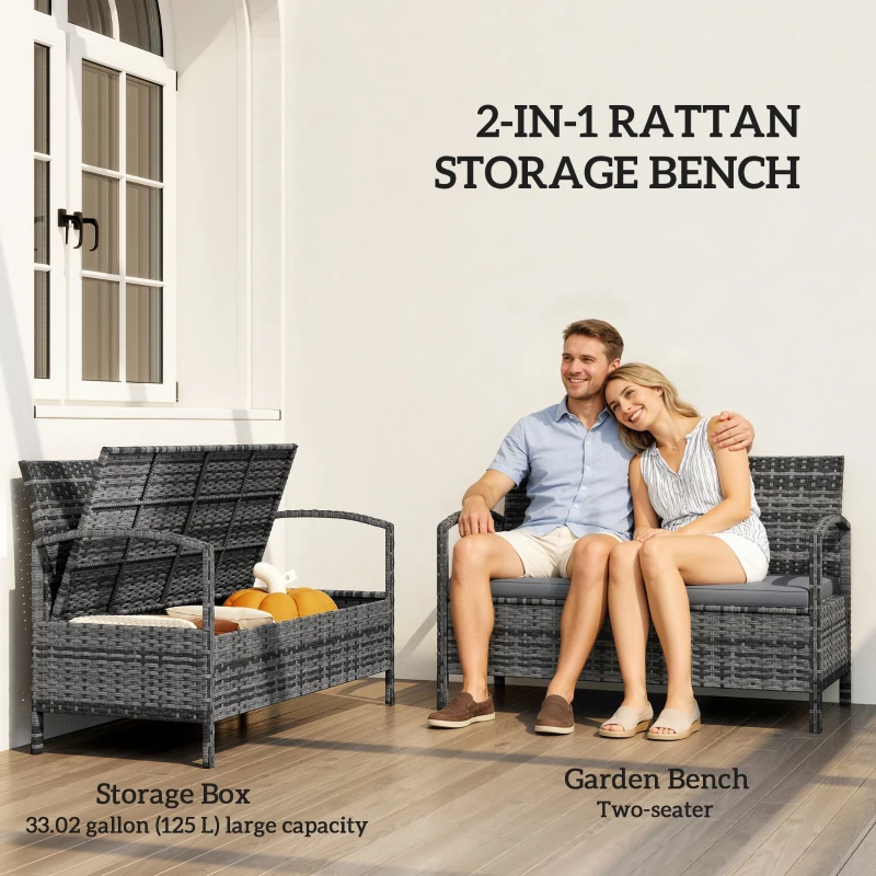 Outsunny 33 Gallon Outdoor Storage Bench, Wicker Deck Box Patio Bench Seat with Cushion, Grey