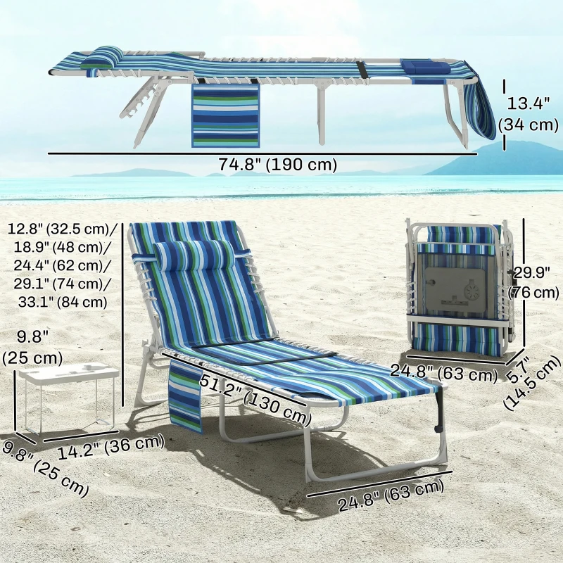 Outsunny Tanning Chair with Face Hole and Side Table, Folding Outdoor Lounge Chair with Carry Straps, Side Pocket, Blue Stripe