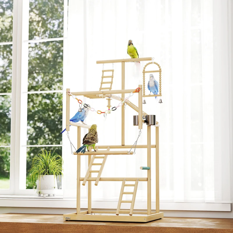 PawHut Bird Playground, 4 Layer Wooden Play Stand with Ladders, Chain Toy, Stainless Steel Cups and Tray for Small Birds