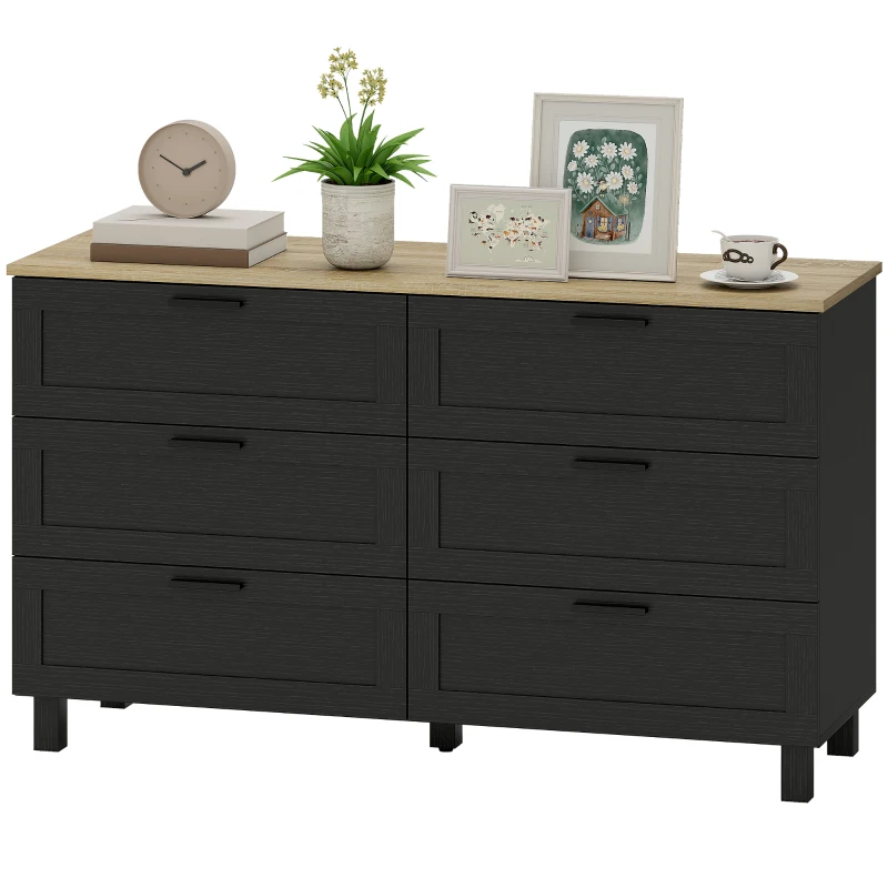 HOMCOM 47" Wide Chest of Drawers, Modern Dresser with 6 Drawers and Wood Legs for Bedroom, Living Room, Entryway, Black