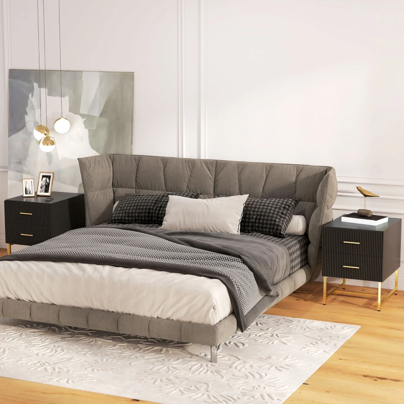 HOMCOM 2 Pieces Nightstands with Storage, Modern Bedside Tables with 2 Fluted Drawers and Gold Legs for Bedroom, Black