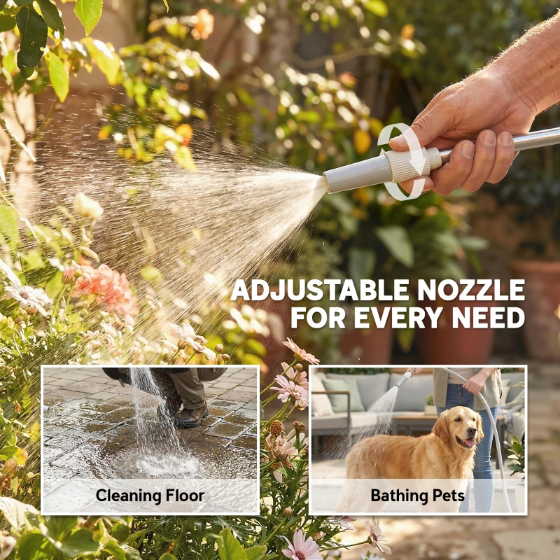 Outsunny Hose Reel Cart with Wheels, 1/2" x 148ft Garden Hose Reel with 2 Patterns Nozzle, Faucet Adaptors, Rewind Handle, Grey