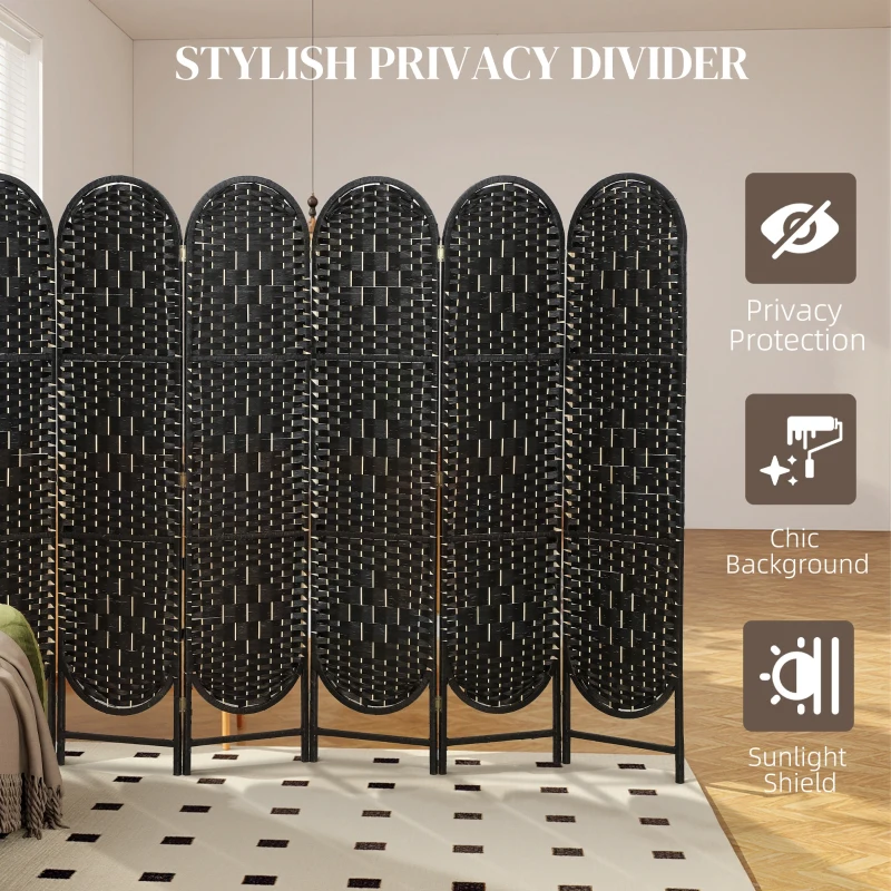 HOMCOM Bohemian Privacy Screen, Folding Room Divider with 6 Panels and Arched Top for Bedroom Living Room Office, Black