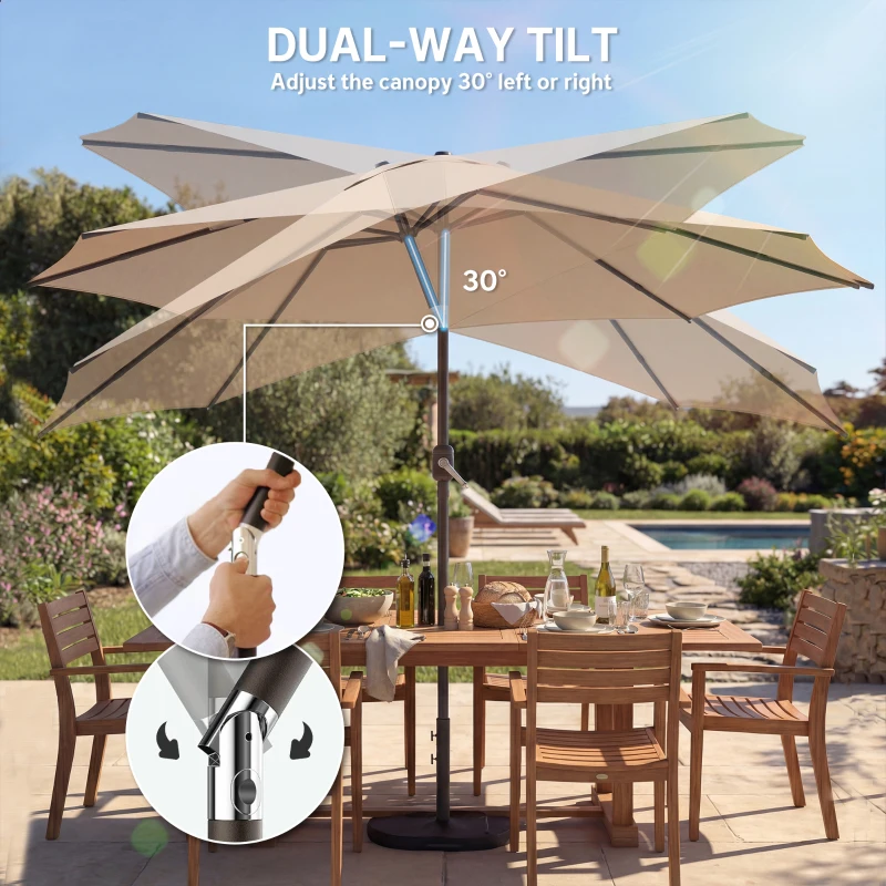 Outsunny 10' x 10' Round Market Umbrella with Base and Sandbag, Patio Umbrella with Crank Handle and Tilt, Khaki