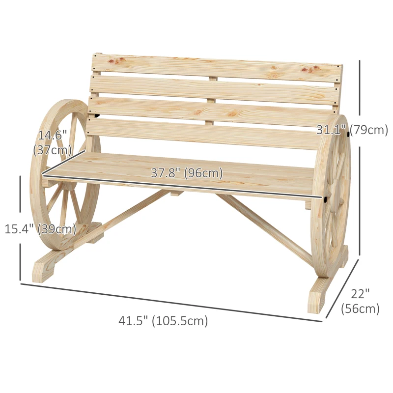 Outsunny 42" Wood Wagon Wheel Bench Garden Loveseat Rustic Seat, Natural Wood
