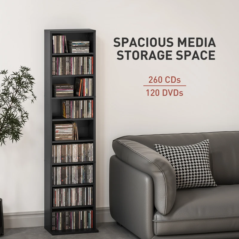 HOMCOM Media Storage Cabinet, 9-Tier Tall Narrow DVD Shelf with 6 Adjustable Shelves, Black