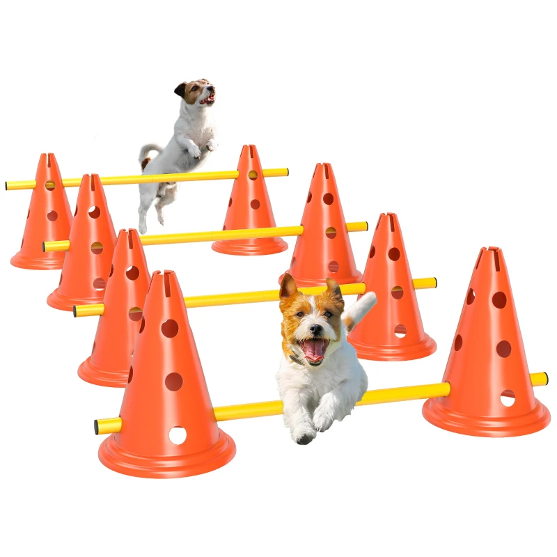 PawHut Dog Agility Hurdle Cone Set, Adjustable Obstacle Course Equipment with 8 Cones & 8 Poles, Carry Bag, Orange