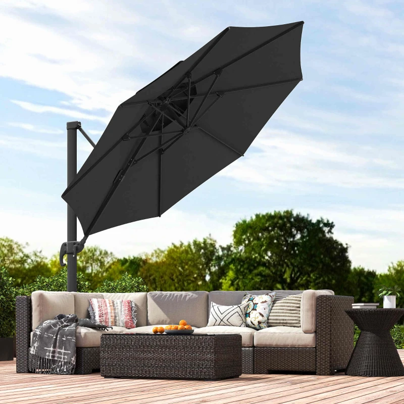 Outsunny 11ft Outdoor Cantilever Umbrella Rotatable Sun Shade Aluminum Market Umbrella with Adjustable Angle & Double-top Canopy for Backyard, Poolside, Lawn and Garden Dark Grey
