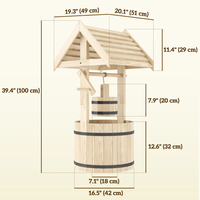 Outsunny Wood Wishing Well Outdoor Wooden Planter with Hanging Bucket and Drainage Hole for Garden, Patio, Backyard, Natural