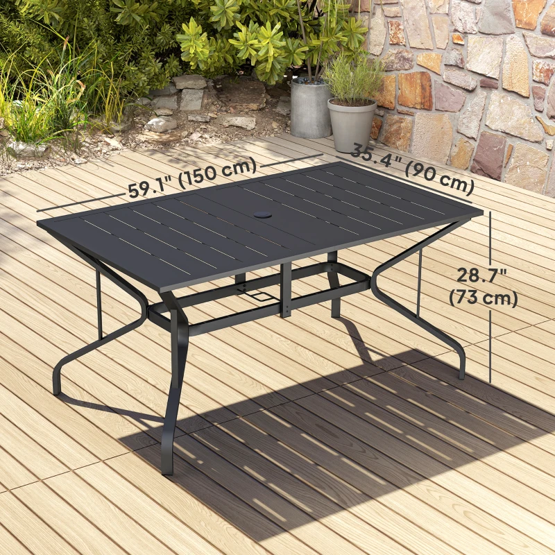 Outsunny Rectangle Patio Dining Table with Umbrella Hole, Outdoor Dining Table for 6 with Steel Frame for Garden, Balcony, Black