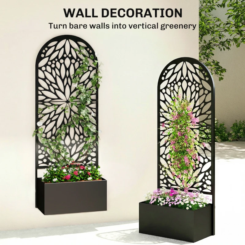 Outsunny Metal Raised Garden Bed with Trellis for Climbing Plants, Freestanding or Wall Mounted Flower Bed with Privacy Panel