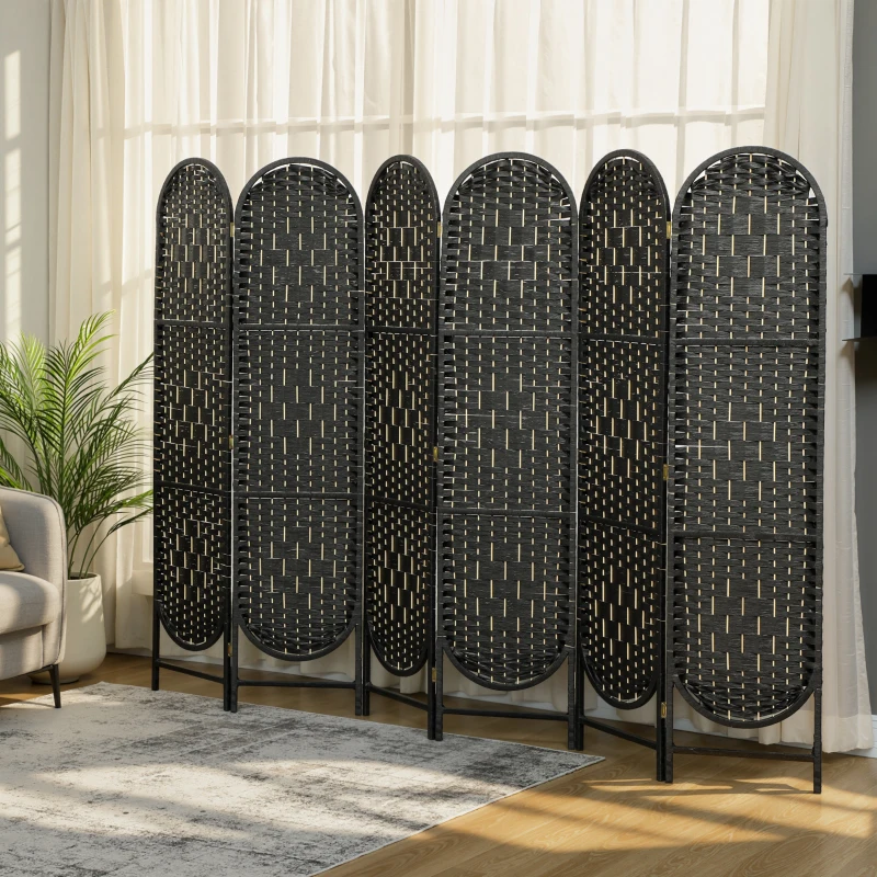 HOMCOM Bohemian Privacy Screen, Folding Room Divider with 6 Panels and Arched Top for Bedroom Living Room Office, Black