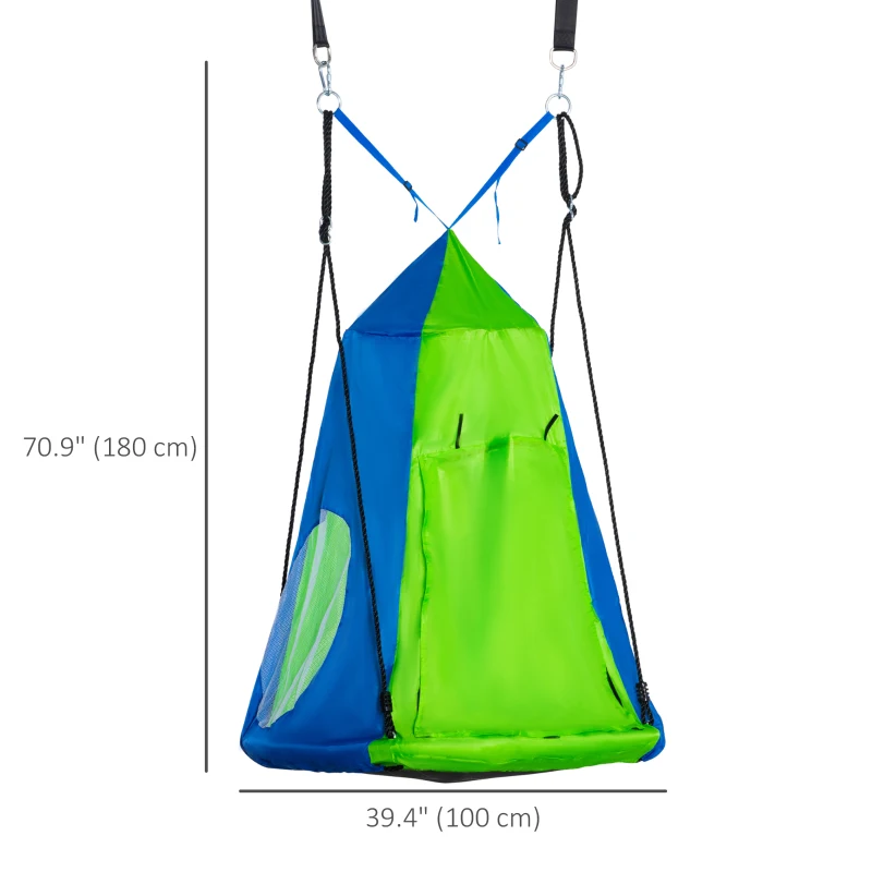Outsunny Kids Hanging Tree Swing Tent, Waterproof Sensory Swing with Windows, Rolling Door, for Indoor & Outdoor, Green