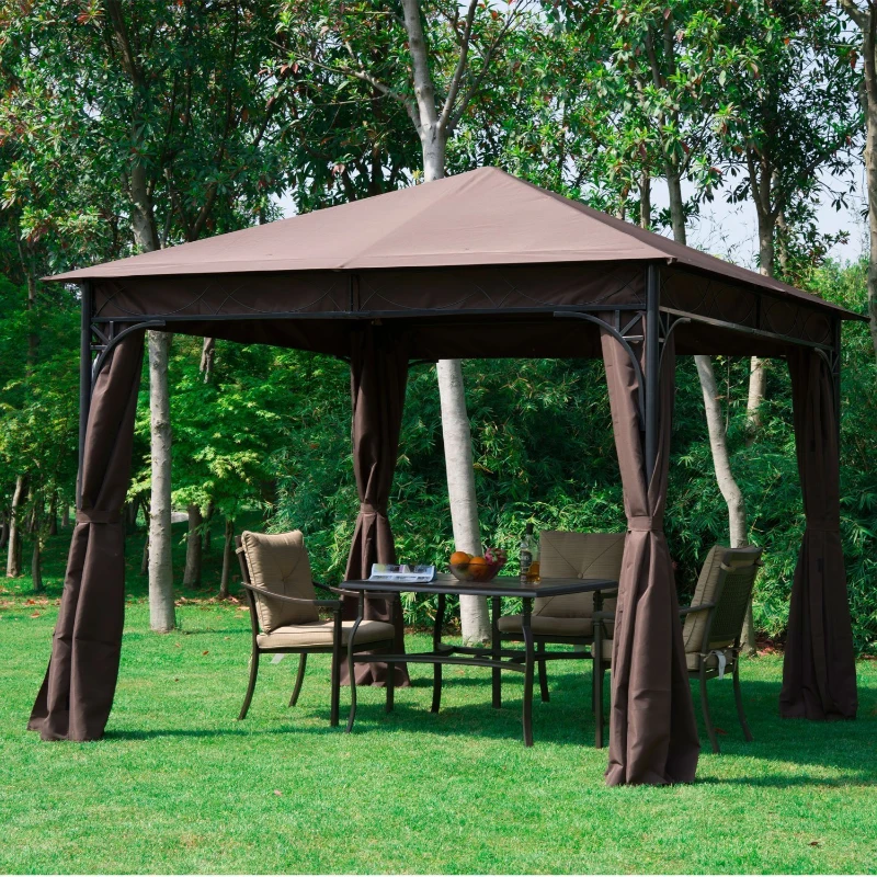 Outsunny 10x10ft Steel Garden Gazebo Patio Canopy Outdoor Event Party Tent Backyard Sun Shelter with Curtain Coffee