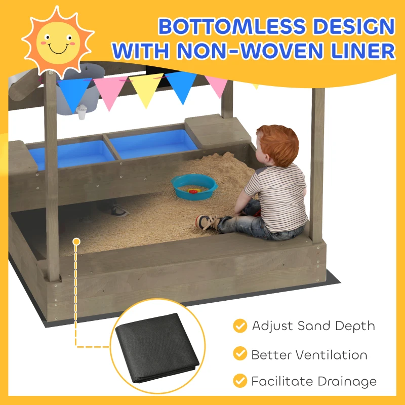 Outsunny Outdoor Wooden Sandbox with Cover for 3-7 Years Old, Backyard, Grey