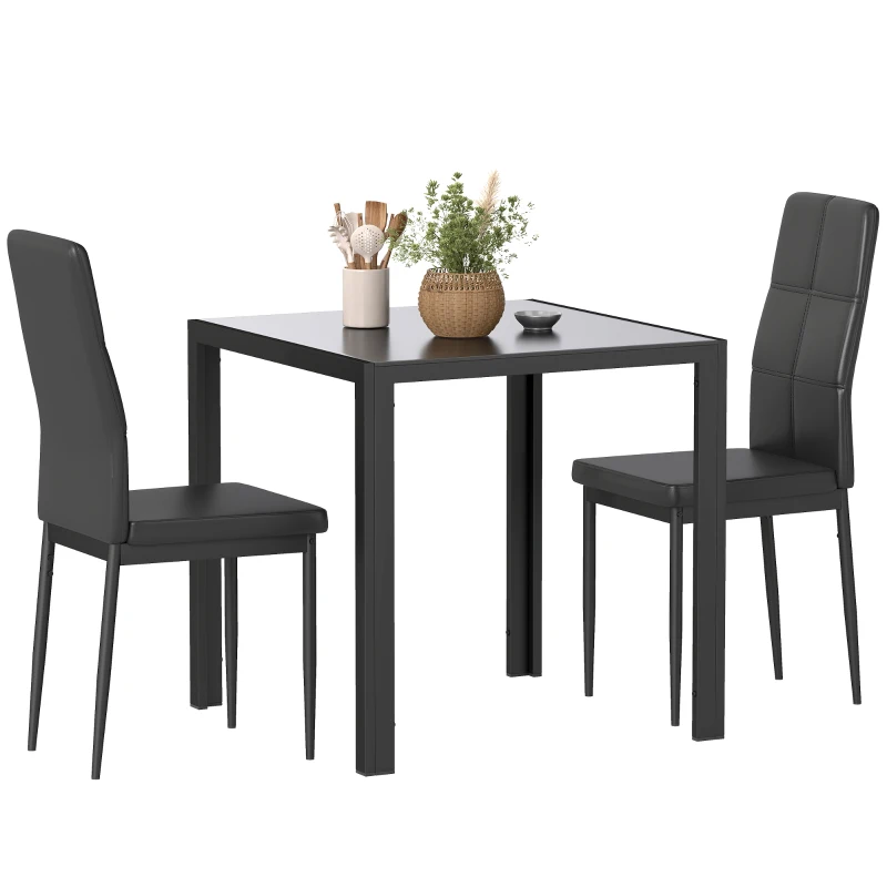 HOMCOM 3-Piece Rectangular Glass Kitchen Table and Chairs with Metal Frame and Faux Leather Upholstery for Dining Room, Black