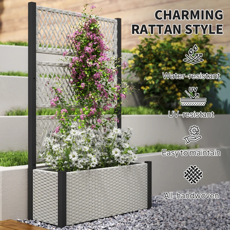 Outsunny Wicker Outdoor Planter with Trellis, 58" Standing Garden Bed with Liner, Drainage Holes for Climbing Plants, Mixed Grey