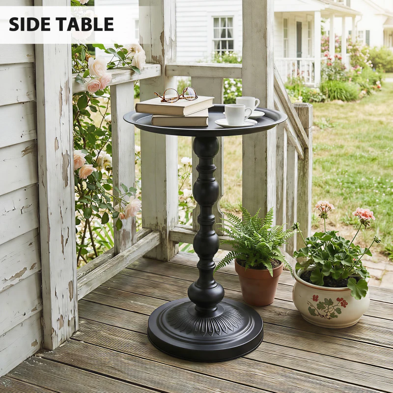 Outsunny 15.4" Round Outdoor Side Table, Tray Top Metal Patio Table with Retro Column Base for Indoor, Balcony, Garden, Black