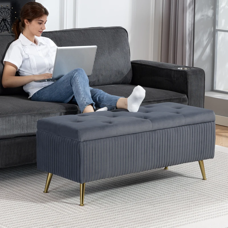 HOMCOM Storage Ottoman Bench, 43 Inch Large Storage Chest with Steel Legs and Padded Seat, Foot Rest, Load 485 lbs, Dark Grey