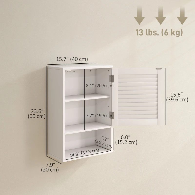 HOMCOM Bathroom Cabinet, Wall Mounted Storage Cabinet with Adjustable Shelves, 40 x 20 x 60 cm, White